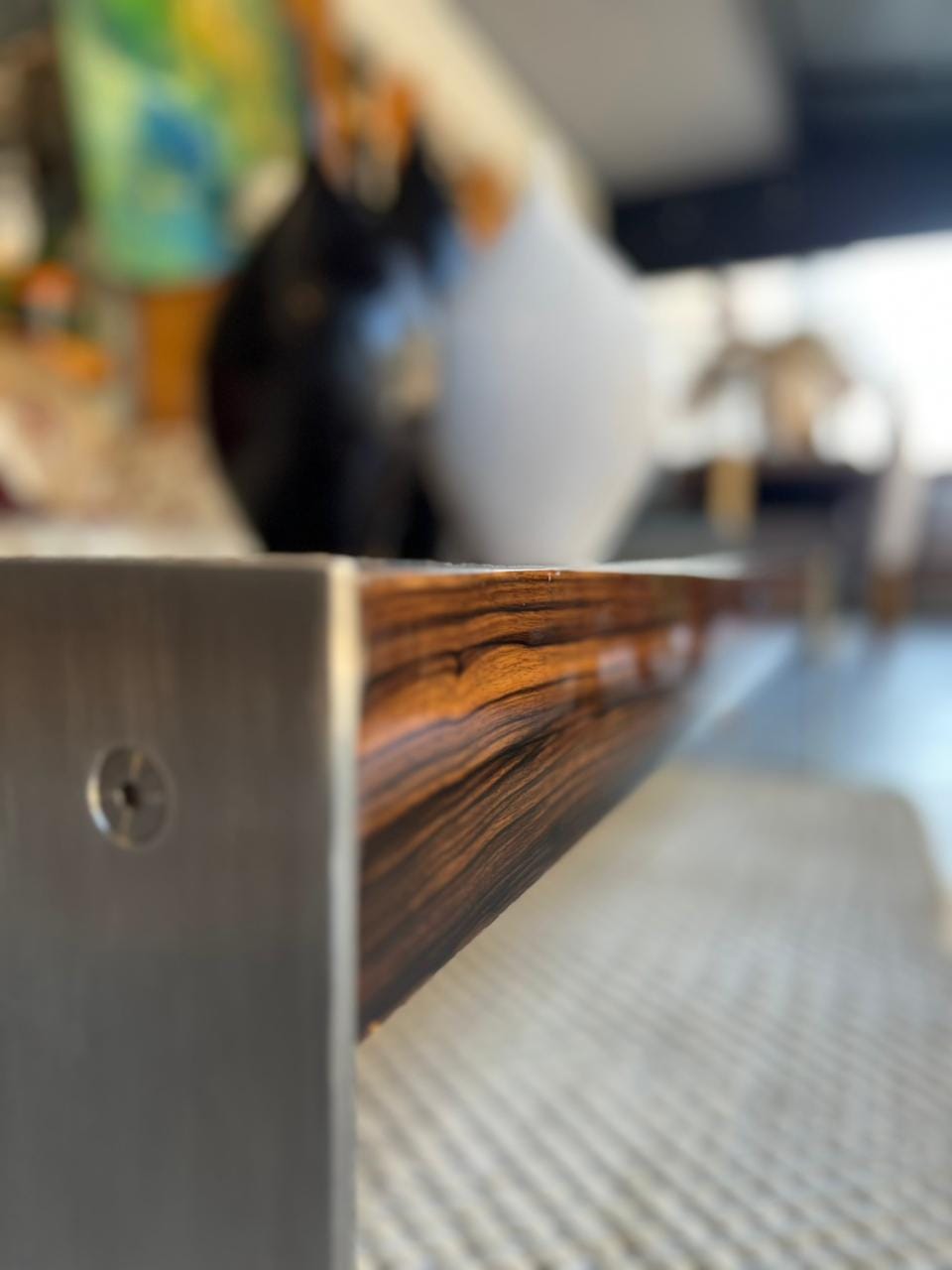 Elegant Shiny Center Table – Zebrano & Ebony Wood with Stainless Steel Legs - Image 3