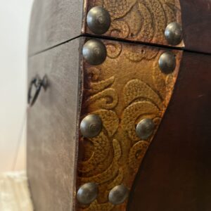 Vintage Indian storage chest made of wood with a bleached white hand-painted finish and woven rattan-style panels on the exterior