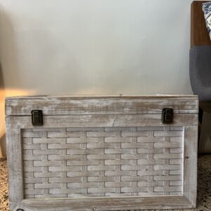 Vintage Indian storage chest made of wood with a bleached white hand-painted finish and woven rattan-style panels on the exterior