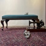 Classic Window 2 Seaters - with Walnut Wood and Blue Petrol Fabric - Image 2