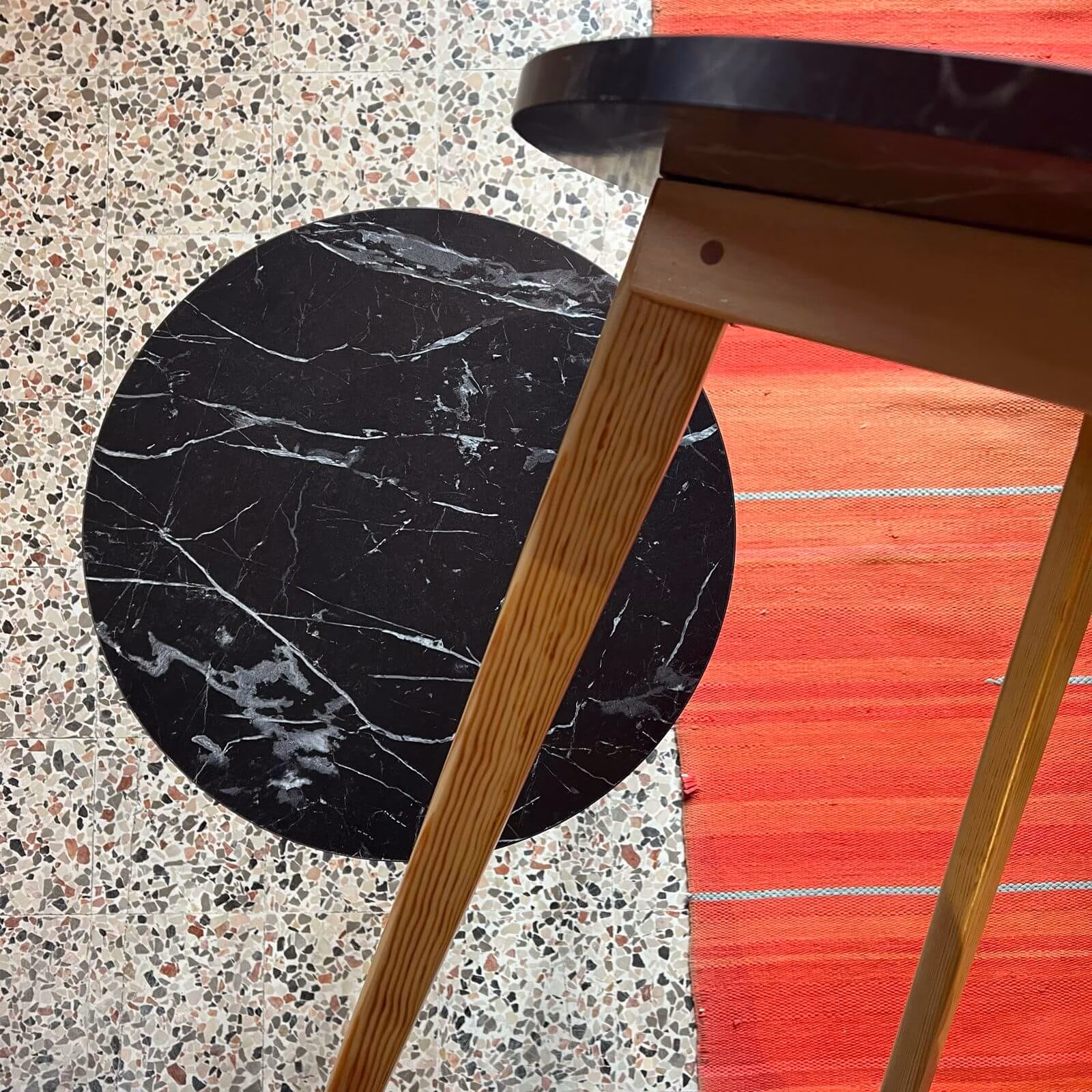 Rounded Side Table with Swedish White Wood Legs & Melamine Top in a Marble-Look Finish. — RockFort Boutique Lebanon Rounded Side Table with Swedish White Wood Legs & Melamine Top in a Marble-Look Finish. — RockFort Boutique Lebanon