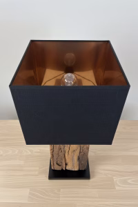 Artisanal Wood Table Lamp – Black & Bronze Shade