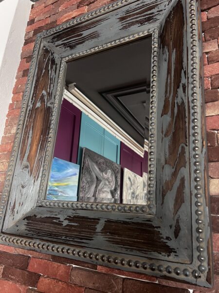 Vintage Blue Wooden Mirror – Rustic Patina Frame