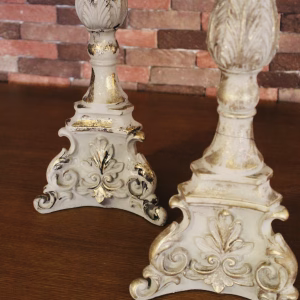 Vintage Wooden Candlesticks (Pair) – White & Gold