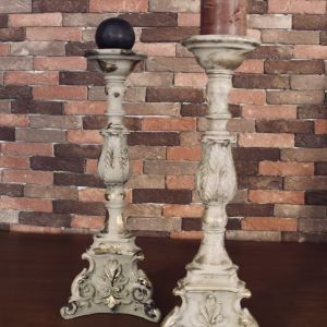 Vintage Wooden Candlesticks (Pair) – White & Gold