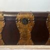 Vintage Indian storage chest made of wood with a bleached white hand-painted finish and woven rattan-style panels on the exterior