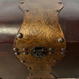 Vintage Indian storage chest made of wood with a bleached white hand-painted finish and woven rattan-style panels on the exterior