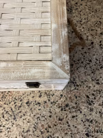 Vintage Indian storage chest made of wood with a bleached white hand-painted finish and woven rattan-style panels on the exterior