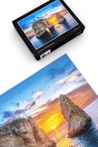 1000-piece jigsaw puzzle featuring an aerial view of Raouche Pigeon Rocks in Beirut, includes adhesive puzzle saver sheets