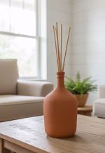 Group of three hand-turned Lebanese terracotta vases in various sizes with a raw matte finish, styled with dried olive branches in a modern Mediterranean home