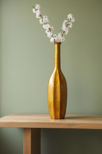 Extra tall 57cm orange metallic glass vase with a geometric faceted surface and reflective gold-tinted finish, modern floor vase style