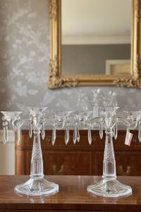 Triple-arm Bohemian lead crystal candelabra with hanging teardrop prisms, made in Czech Republic, styled on a formal dining table