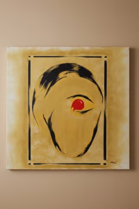 Large 1x1 meter square oil painting titled "I See You" by artist Didi, featuring a black silhouette with a single red eye on a textured yellow background