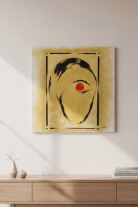 Large 1x1 meter square oil painting titled "I See You" by artist Didi, featuring a black silhouette with a single red eye on a textured yellow background