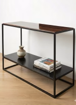 Modern 150cm console table with a solid Palisander wood top and black steel frame, featuring a lower storage shelf for home decor