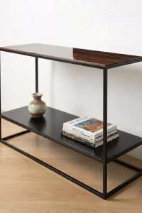 Modern 150cm console table with a solid Palisander wood top and black steel frame, featuring a lower storage shelf for home decor