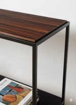 Modern 150cm console table with a solid Palisander wood top and black steel frame, featuring a lower storage shelf for home decor