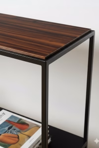 Modern 150cm console table with a solid Palisander wood top and black steel frame, featuring a lower storage shelf for home decor