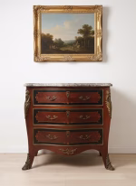 Antique French Louis XV bahut chest with intricate mahogany marquetry, brass ornaments, and a grey Empredor marble top, 103cm wide