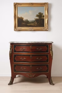 Antique French Louis XV bahut chest with intricate mahogany marquetry, brass ornaments, and a grey Empredor marble top, 103cm wide