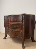 Antique French Louis XV bahut chest with intricate mahogany marquetry, brass ornaments, and a grey Empredor marble top, 103cm wide