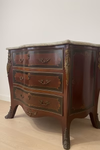 Antique French Louis XV bahut chest with intricate mahogany marquetry, brass ornaments, and a grey Empredor marble top, 103cm wide