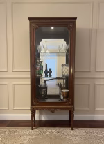 Vintage Louis XVI style walnut vitrine with brass trim and fluted legs, 163cm tall French curio cabinet for crystal and porcelain display