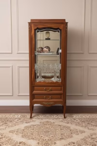 Large 174cm walnut wood showcase vitrine with mirrored back, brass drawer pulls, and frosted glass detailing, brand new luxury furniture