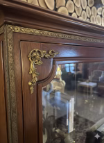 Vintage Louis XVI style walnut vitrine with brass trim and fluted legs, 163cm tall French curio cabinet for crystal and porcelain display
