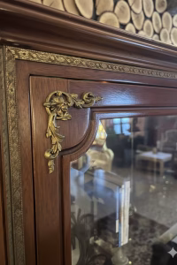 Vintage Louis XVI style walnut vitrine with brass trim and fluted legs, 163cm tall French curio cabinet for crystal and porcelain display