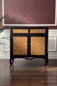 Vintage Regency-style accent cabinet with black lacquered finish and intricate geometric wood inlay marquetry, 90cm wide luxury storage chest