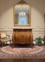 Handcrafted Louis XV commode with concave burl wood doors, mahogany marquetry, and a red Rosso Levanto marble top, 94cm wide luxury French furniture