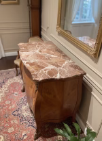 Handcrafted Louis XV commode with concave burl wood doors, mahogany marquetry, and a red Rosso Levanto marble top, 94cm wide luxury French furniture