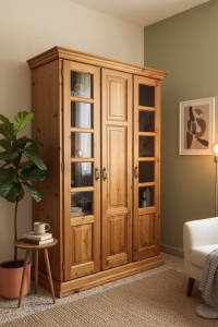 Large vintage solid cedar wood wardrobe with three doors, featuring two 10-pane glass display sections and a central solid wood panel with crown molding