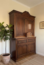 Large authentic French vintage Buffet Deux-Corps in solid wood with a rustic patinated finish, featuring a top display cabinet and antique brass drawer pulls
