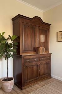 Large authentic French vintage Buffet Deux-Corps in solid wood with a rustic patinated finish, featuring a top display cabinet and antique brass drawer pulls