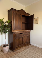 Large authentic French vintage Buffet Deux-Corps in solid wood with a rustic patinated finish, featuring a top display cabinet and antique brass drawer pulls