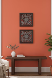 Pair of square hand-carved wooden wall art panels featuring symmetrical lotus flower designs and a distressed charcoal gray antique finish