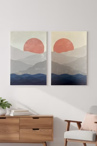 Vertical abstract canvas print of a sunset over waves or sand dunes in earth tones, stretched on a wooden frame for a minimalist wall decor look