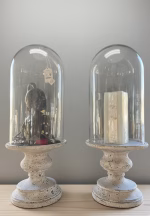 Extra tall 68cm glass bell jar with a rustic distressed base, featuring mouth-blown glass with artisanal air bubbles, styled as a tabletop centerpiece