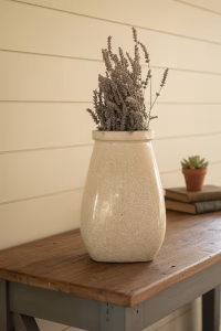 Large 35.5cm beige ceramic vase with a detailed crackle glaze finish, styled as a modern minimalist centerpiece on a wooden console table