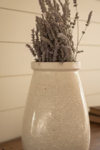 Large 35.5cm beige ceramic vase with a detailed crackle glaze finish, styled as a modern minimalist centerpiece on a wooden console table