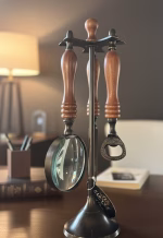Luxury 3-piece desk set with dark Sheesham wood handles and antiqued metal, including a magnifying glass and letter opener, 30cm tall display size
