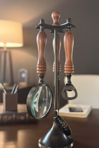 Luxury 3-piece desk set with dark Sheesham wood handles and antiqued metal, including a magnifying glass and letter opener, 30cm tall display size