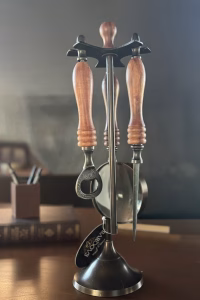 Luxury 3-piece desk set with dark Sheesham wood handles and antiqued metal, including a magnifying glass and letter opener, 30cm tall display size