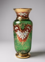 Antique-style Bohemian emerald green glass vase with thick 24K gold leaf scrollwork and raised white enamel floral relief, 27cm tall