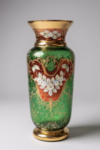 Antique-style Bohemian emerald green glass vase with thick 24K gold leaf scrollwork and raised white enamel floral relief, 27cm tall