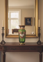 Antique-style Bohemian emerald green glass vase with thick 24K gold leaf scrollwork and raised white enamel floral relief, 27cm tall