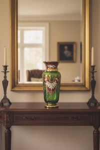 Antique-style Bohemian emerald green glass vase with thick 24K gold leaf scrollwork and raised white enamel floral relief, 27cm tall