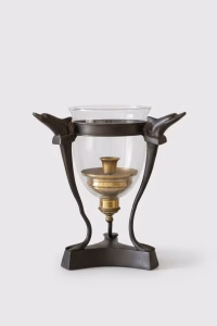 Luxury Neoclassical bronze candle holder featuring three dolphins supporting a glass hurricane shade, 27cm tall French Empire style decor